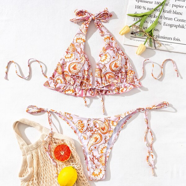 

Flower Print Tie Side Bikini Swimsuit, Multicolor