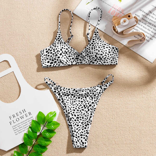 

Dalmatian Print Ring Linked Bikini Swimsuit, Black and white