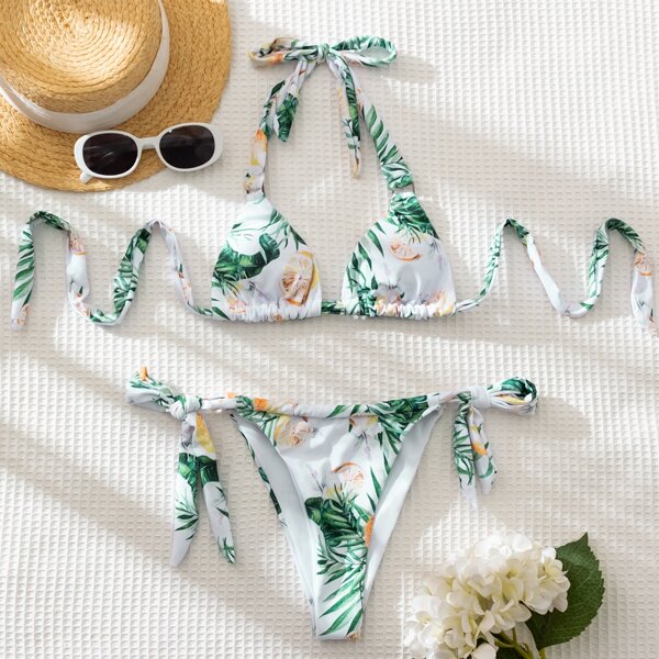 

Tropical Halter Tie Side Bikini Swimsuit, Multicolor
