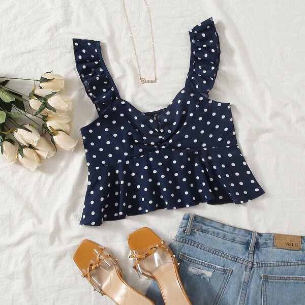 

Polka Dot Ruffle Straps Crop Peplum Top, Navy blue