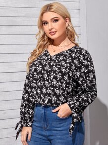 Plus Allover Floral Print Knot Cuff Blouse - Black - View 1
