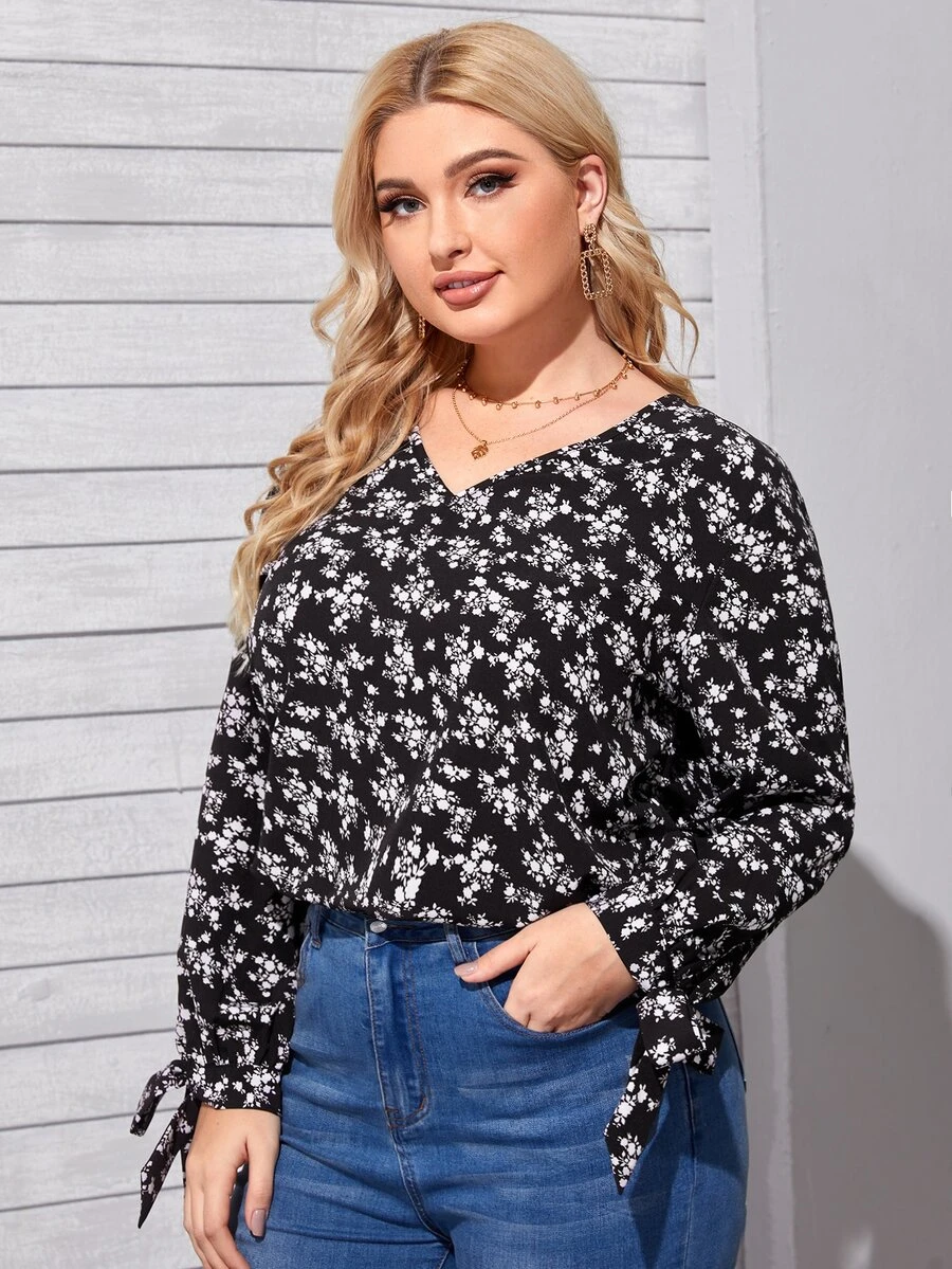 Plus Allover Floral Print Knot Cuff Blouse - Black - View 1