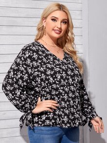 Plus Allover Floral Print Knot Cuff Blouse - Black - View 3