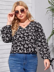 Plus Allover Floral Print Knot Cuff Blouse - Black - View 4
