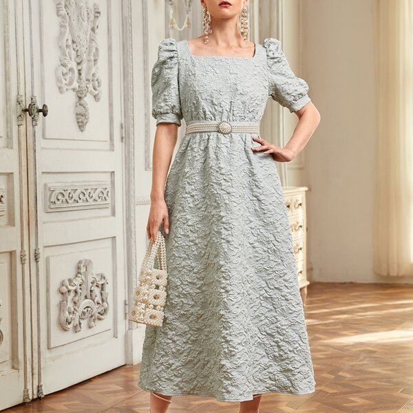 

Square Neck Puff Sleeve A-line Dress Without Belt, Mint green