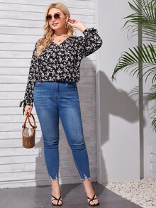 Plus Allover Floral Print Knot Cuff Blouse - Black - View 5