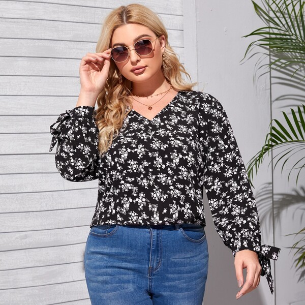 

Plus Allover Floral Print Knot Cuff Blouse, Black