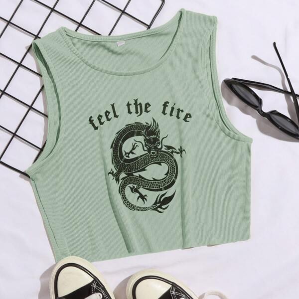 

Chinese Slogan & Dragon Tank Top, Mint green