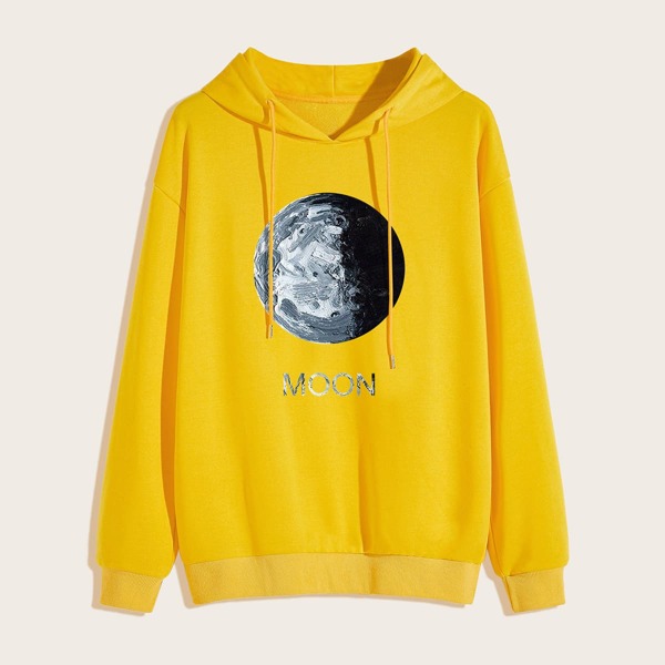 

Men Letter & Moon Print Drawstring Hoodie, Yellow