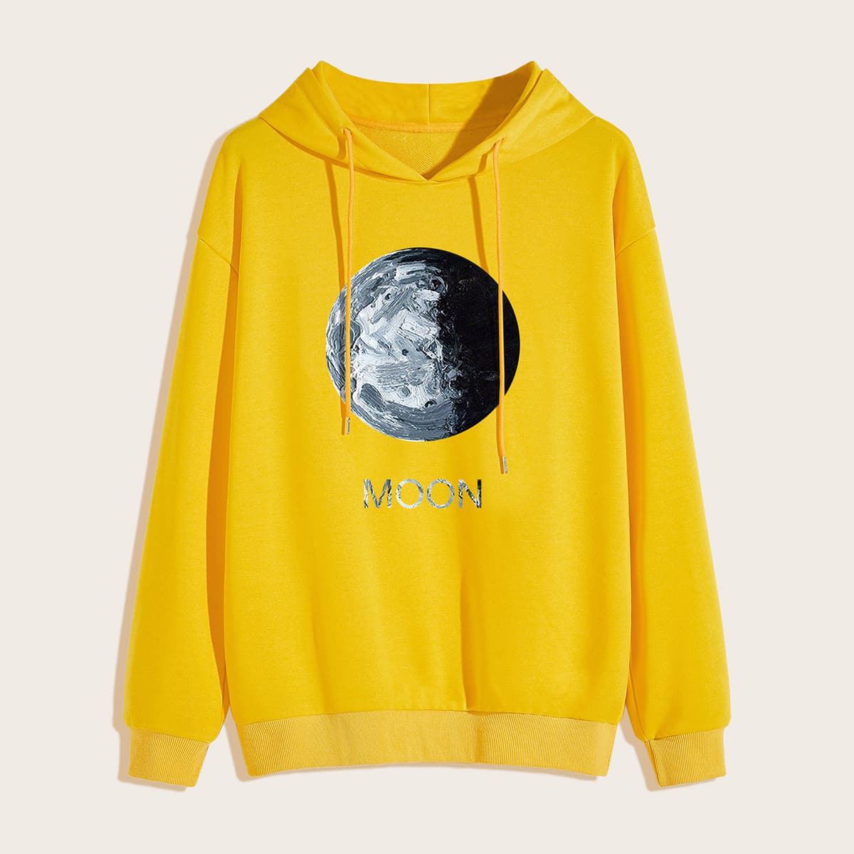 

Guys Letter & Moon Print Drawstring Hoodie, Yellow