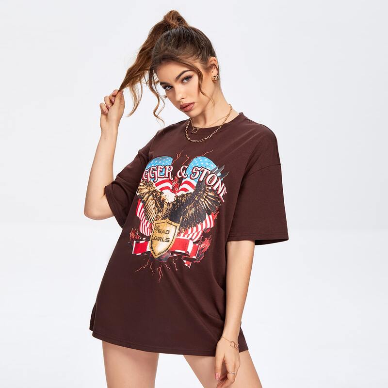 

Oversized Animal & Letter Graphic Tee, Coffee brown
