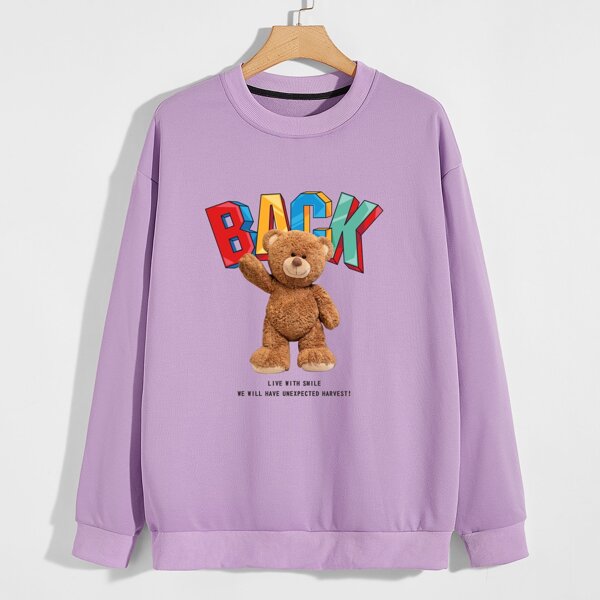 

Men Slogan & Bear Print Drop Shoulder Sweatshirt, Lilac purple