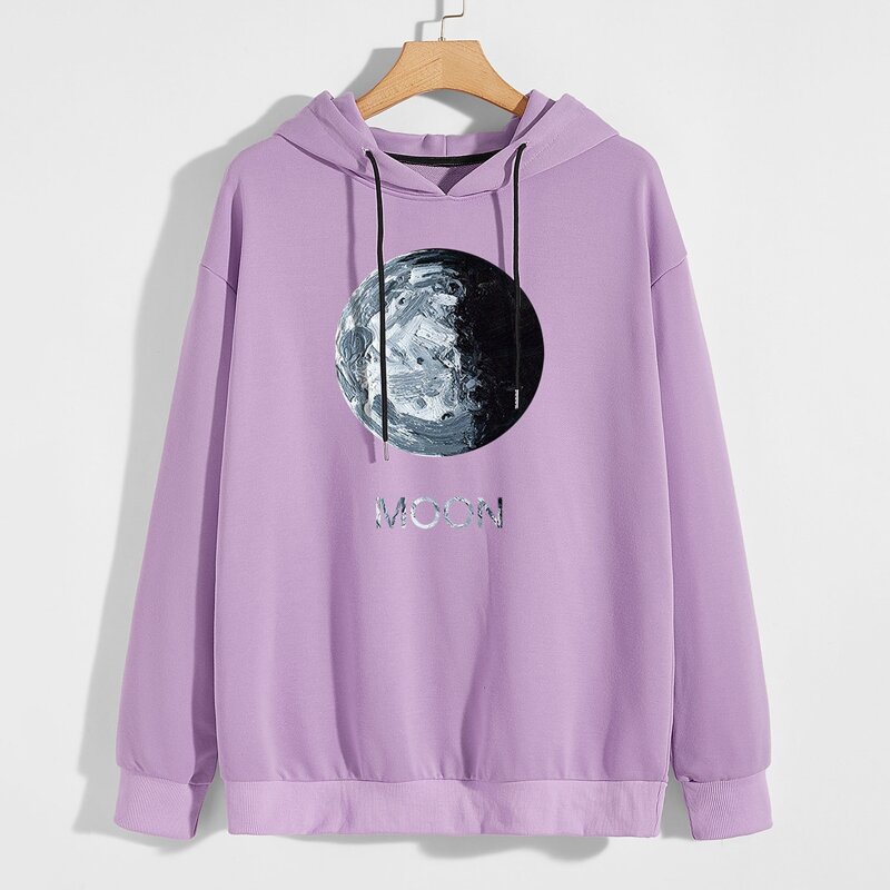 

Guys Letter & Moon Print Drawstring Hoodie, Lilac purple