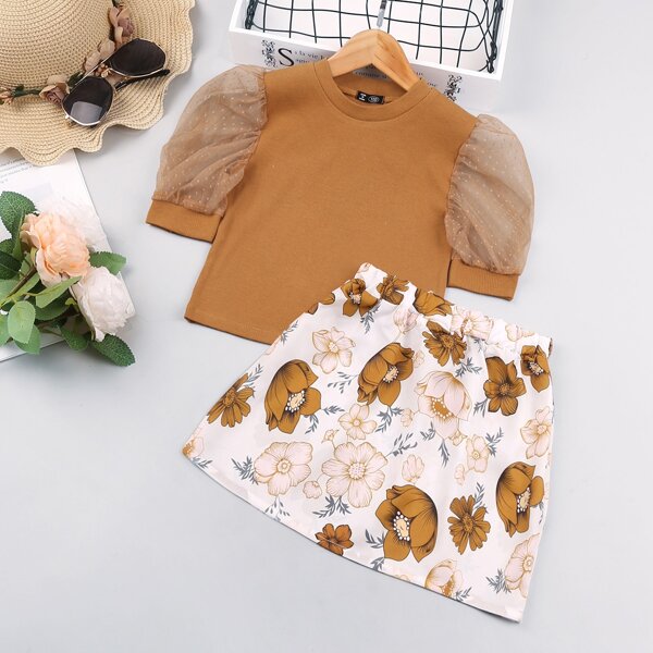 

Toddler Girls Contrast Dobby Mesh Sleeve Tee & Floral Skirt, Multicolor