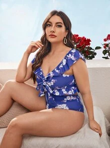 大码碎花荷叶边比基尼套装夏季海滩 - 藍色 - 查看 4