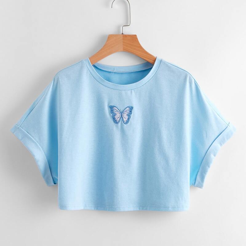 

Butterfly Embroidery Crop Tee, Baby blue