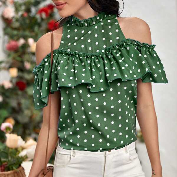 

Cold Shoulder Polka Dot Ruffle Trim Blouse, Green