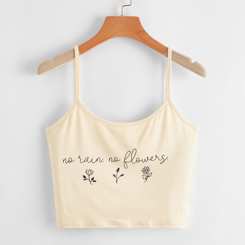 

Slogan Flower Graphic Crop Cami, Beige