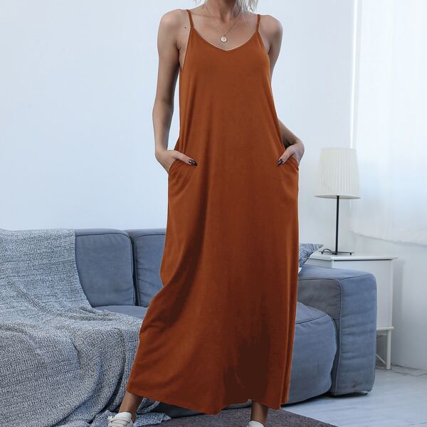 

Slant Pocket Solid Cami Dress, Rust brown