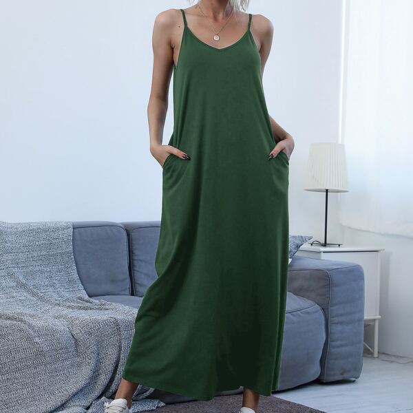 

Slant Pocket Solid Cami Dress, Green