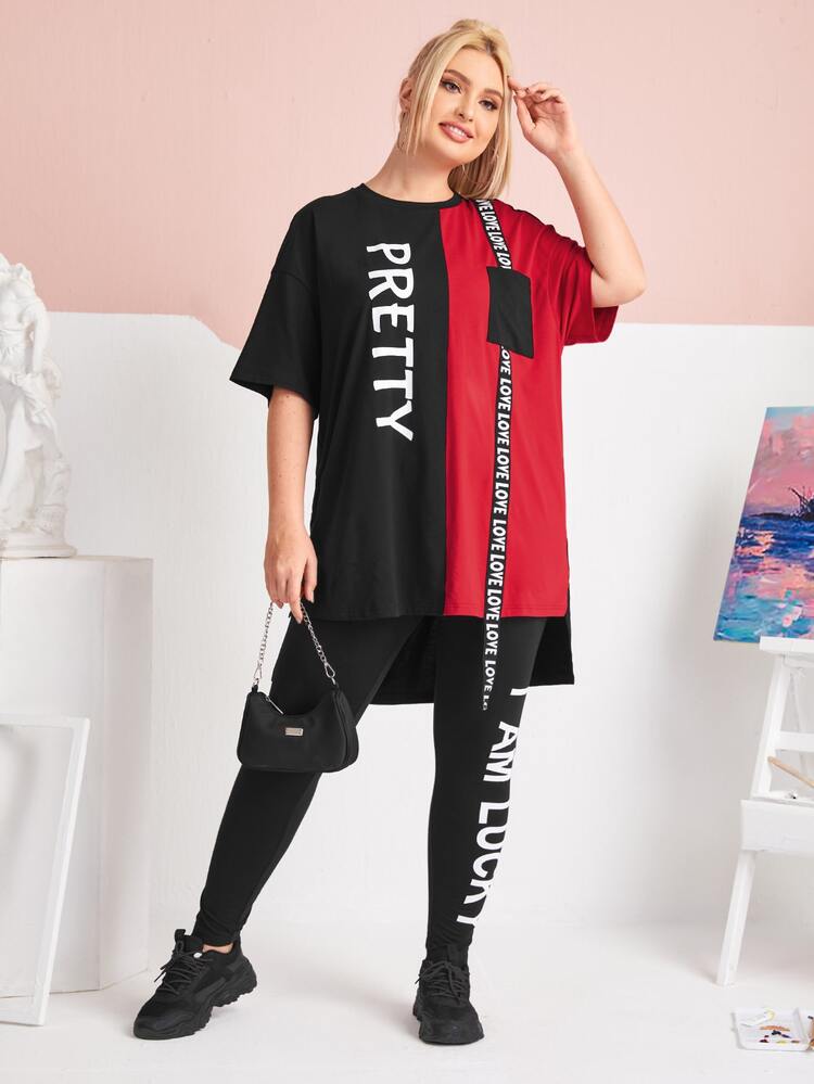 Mulvari Plus Letter Graphic High Low Tee & Leggings Set - Multicolor - View 3