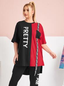 Mulvari Plus Letter Graphic High Low Tee & Leggings Set - Multicolor - View 4