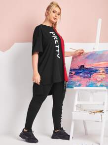 Mulvari Plus Letter Graphic High Low Tee & Leggings Set - Multicolor - View 5