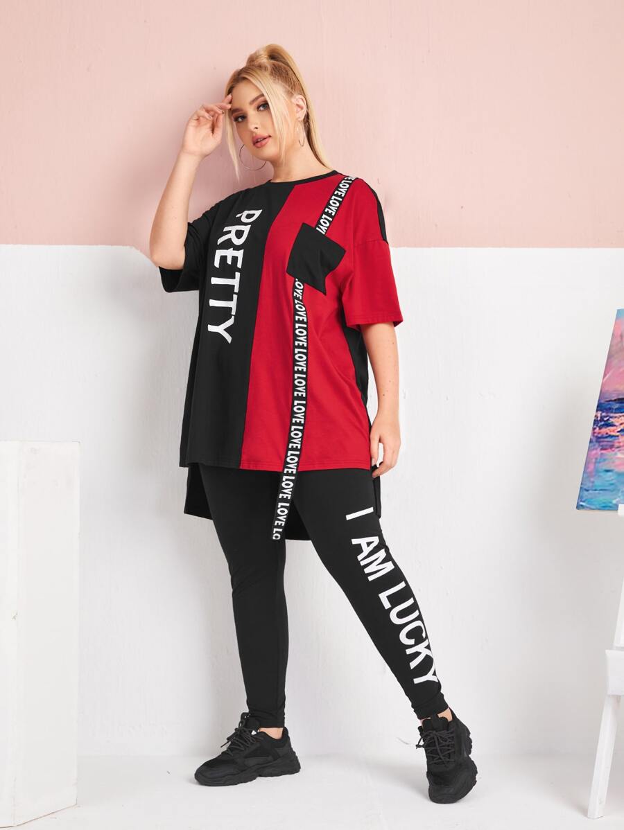 Mulvari Plus Letter Graphic High Low Tee & Leggings Set - Multicolor - View 1