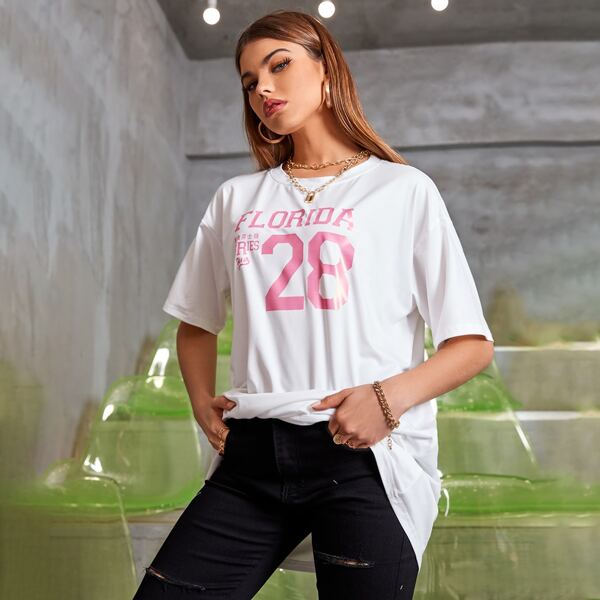 

Drop Shoulder Letter Graphic Longline Tee, White