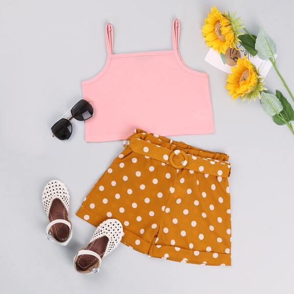 

Toddler Girls Cami Top With Belted Polka Dot Shorts, Multicolor