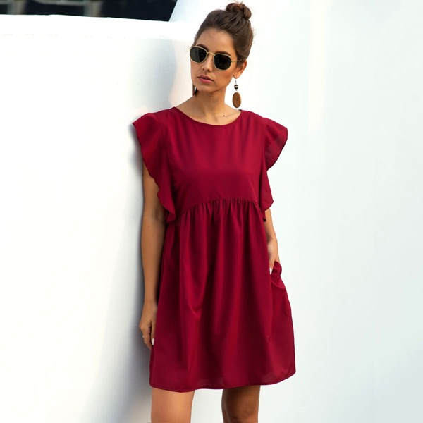

Solid Butterfly Sleeve Smock Dress, Burgundy