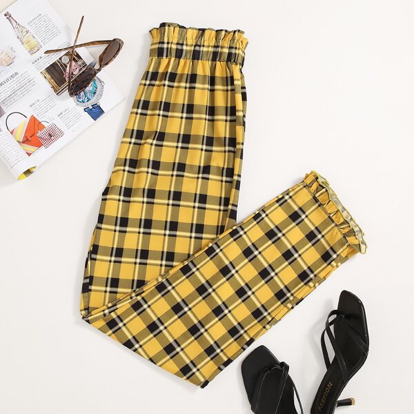 

Plaid Print Paper Bag Waist Pants, Multicolor