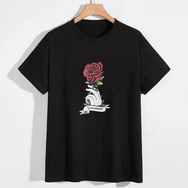 

Men Rose And Hand Print Tee, Black