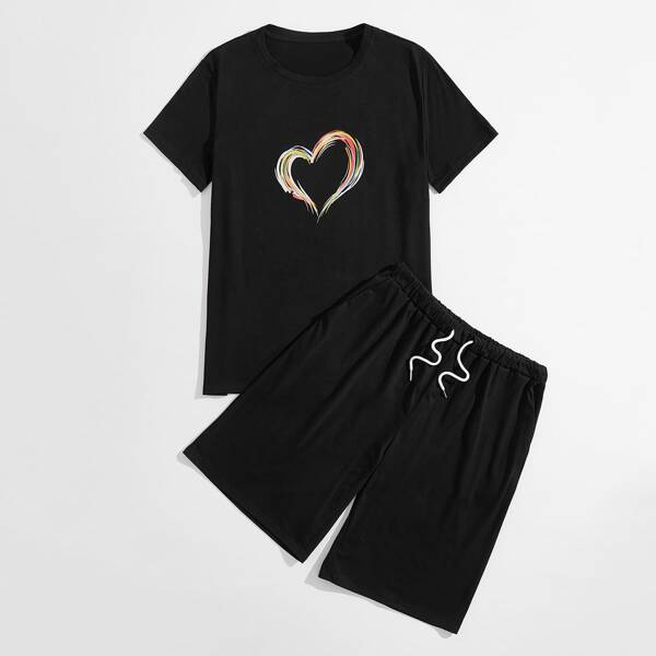 

Men Heart Print Tee & Drawstring Track Shorts, Black