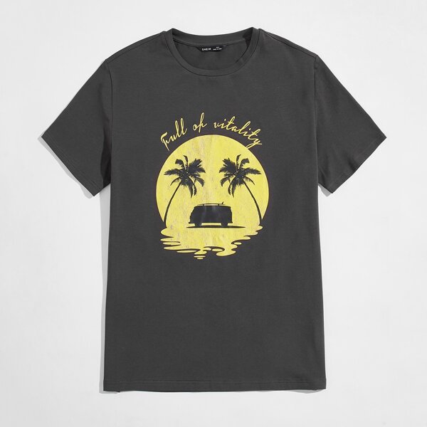 

Men Letter & Car Graphic Tee, Dark grey