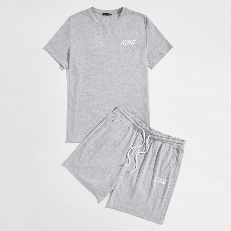 

Guys Letter Graphic Tee & Drawstring Shorts PJ Set, Light grey