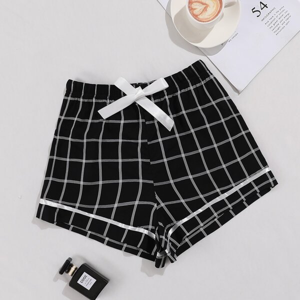 

Plaid Tie Front Sleep Shorts, Black