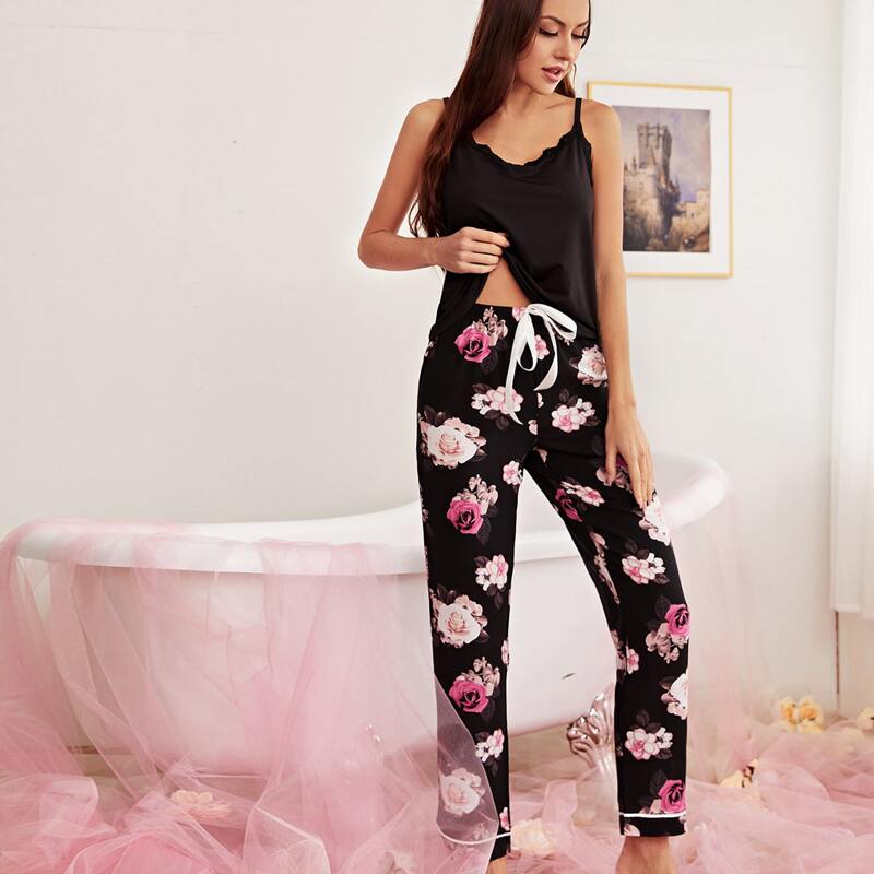 

Lace Trim Cami Top & Floral Pants Pajama Set, Multicolor