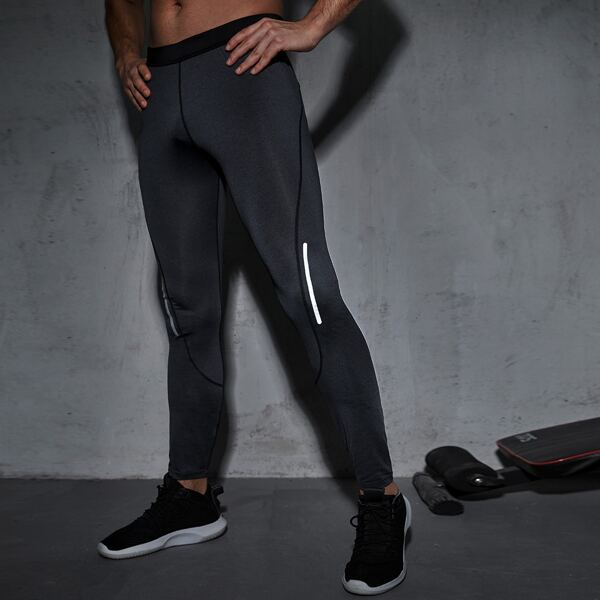 

Men Tape Panel Elastic Waist Sport Tights, Dark grey