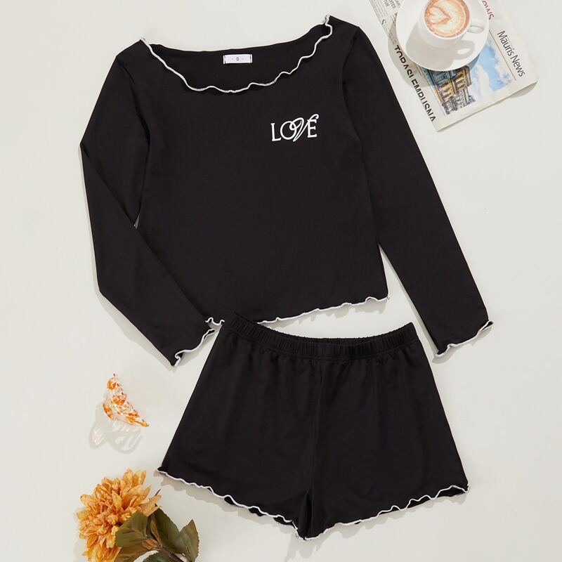 

Letter Graphic Lettuce Trim Pajama Set, Black