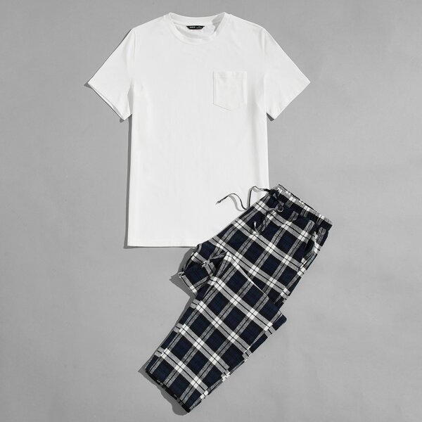 

Men Patch Pocket Tee & Plaid Pants PJ Set, Multicolor