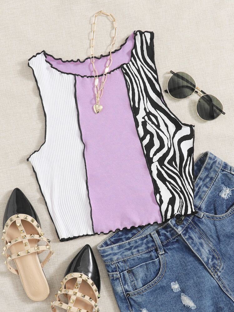 Muchica Zebra Stripe Colorblock Lettuce Trim Tank Top - Multicolor - View 1