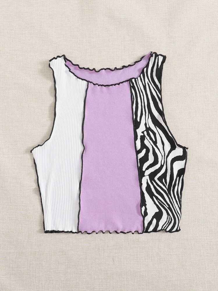 Muchica Zebra Stripe Colorblock Lettuce Trim Tank Top - Multicolor - View 4