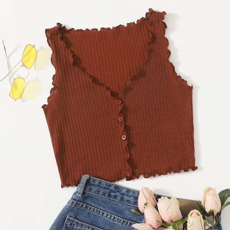 

Lettuce Trim Button Front Tank Top, Rust brown