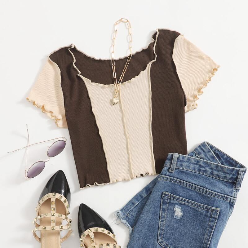

Colorblock Lettuce Trim Rib-knit Tee, Multicolor