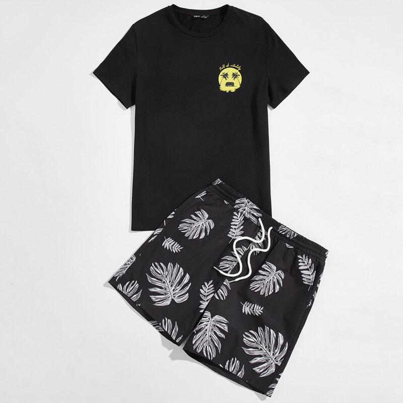 

Guys Graphic Print Tee & Tropical Drawstring Shorts Set, Black