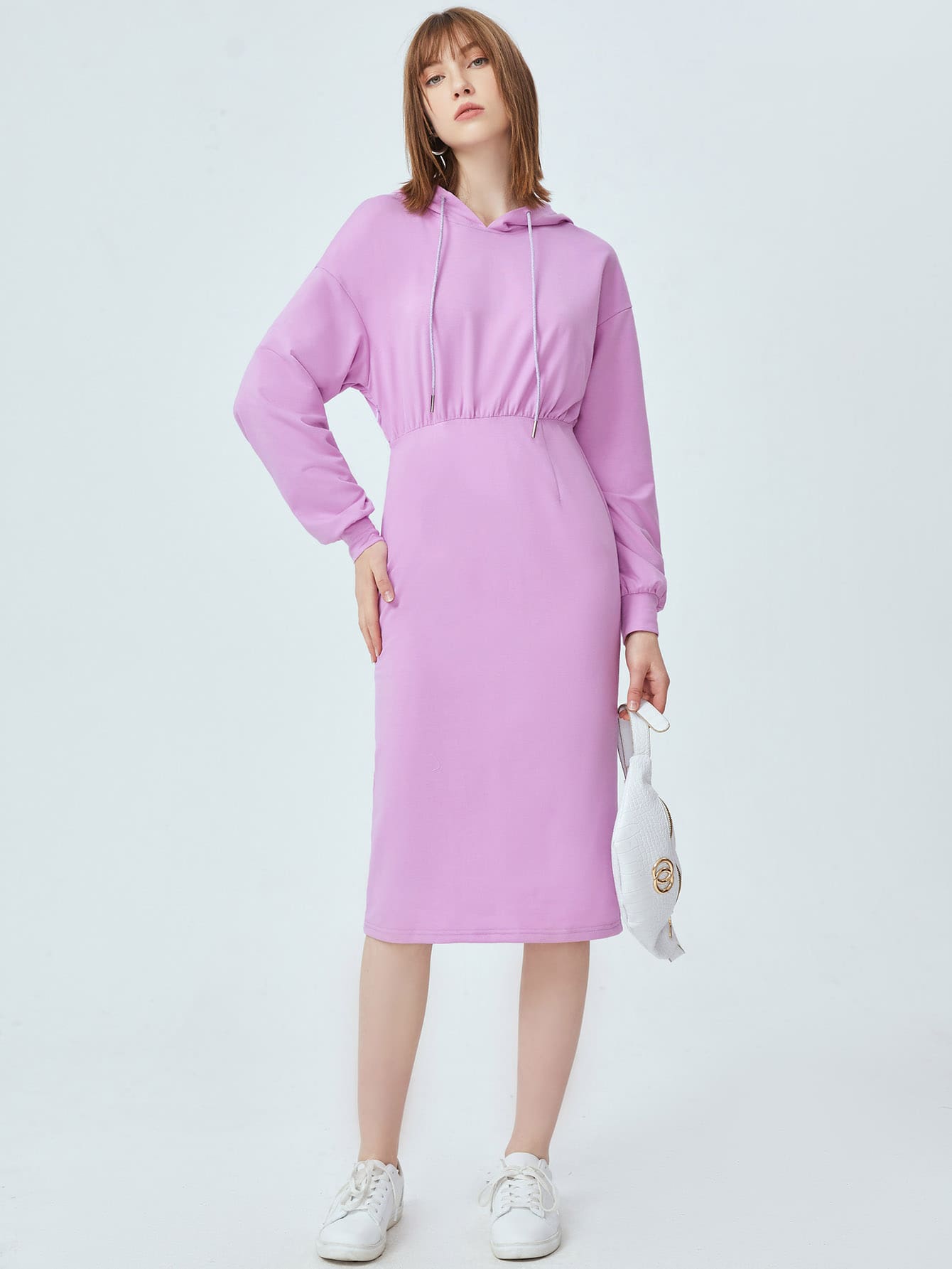 SHEIN Drawstring Solid Hooded Dress - Lilac Purple - View 1