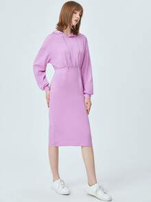 SHEIN Drawstring Solid Hooded Dress - Lilac Purple - View 4