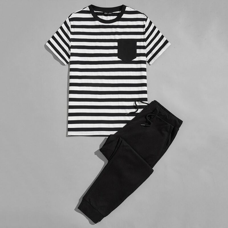 

Guys Striped Patch Pocket Tee & Drawstring Joggers Set, Black and white