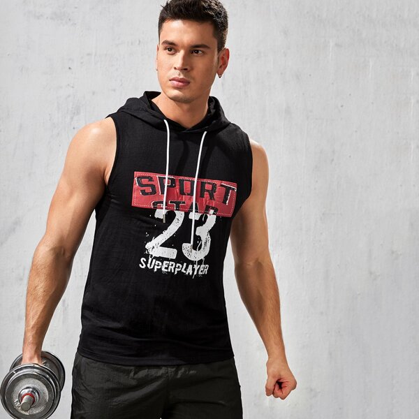 

Men Letter Graphic Hooded Sports Tee, Black